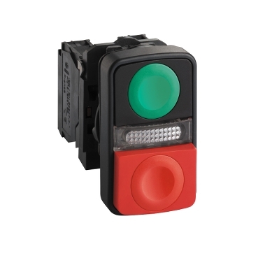 ZB5AW7L3741 - buton cu cap dublu luminos verde incastrat/rosu aparent diametru 22 cu marcaj, Schneider Electric (multiplu comanda: 5 buc)