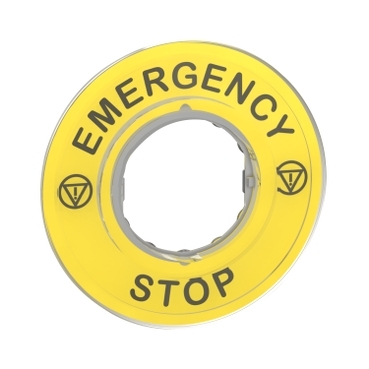 ZBY9320 - marked legend diametru 60 for emergency stop - EMERGENCY STOP/logo ISO13850, Schneider Electric (multiplu comanda: 5 buc)