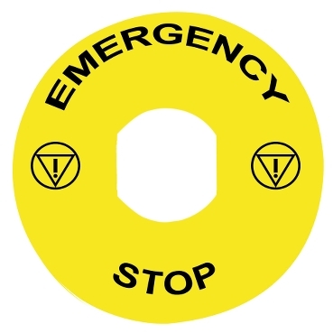 ZBY9330T - marked legend diametru 60 for emergency stop - EMERGENCY STOP/logo ISO13850, Schneider Electric