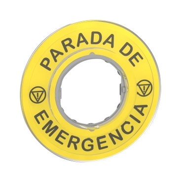 ZBY9420 - marked legend diametru 60 for emergency stop -PARADA DE EMERGENCIA/logo ISO13850, Schneider Electric